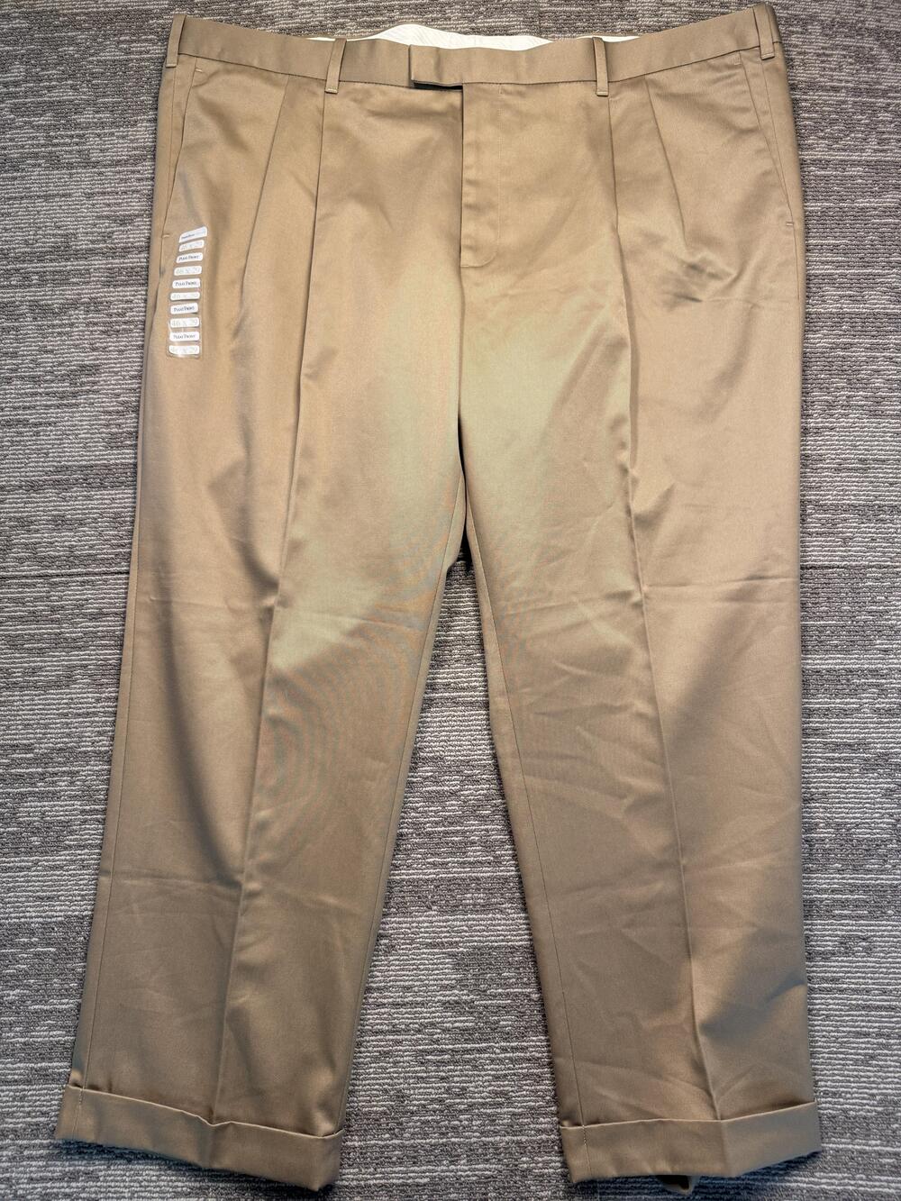 Perry Ellis Dress Pants Mens 46x29 Beige Pleated Twill No Iron Straight Leg